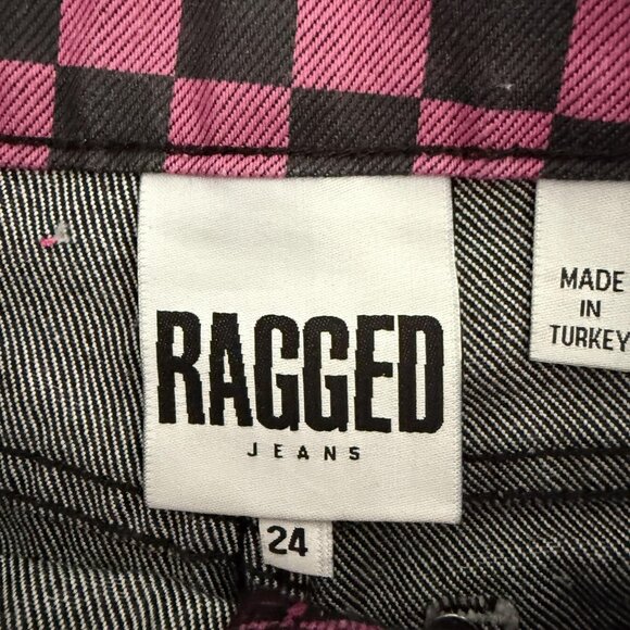 Ragged Jeans Pants Checkerboard Whimsigoth High Rise Pink Black - Picture 2 of 16